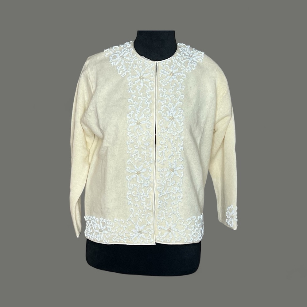 Vintage B ALTMAN & CO Beaded Cardigan Lambswool Blend 3/4 Sleeve SZ:38 (M)